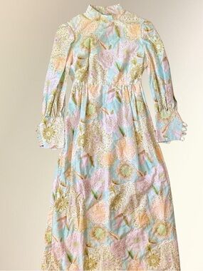 Pastel Floral High-Neck Maxi Dress in Light Blue & Purple